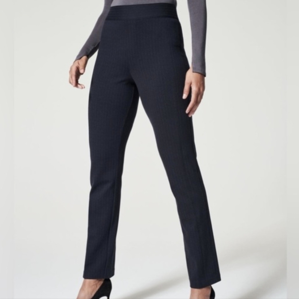 Spanx supersmooth Perfect Fit Slim Straight Pant Navy Pinstripe Size M Tall